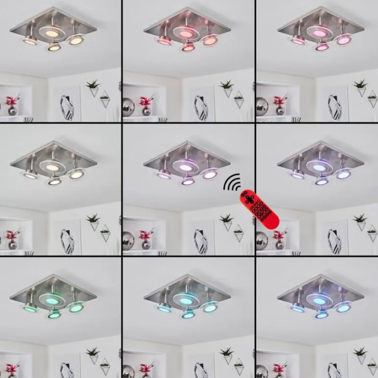 Plafonnier Marsen LED Nickel mat, 4 lumières, Télécommandes, Changeur de couleurs