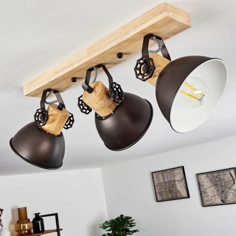 Plafonnier Orny Anthracite, Bois clair, 3 lumières