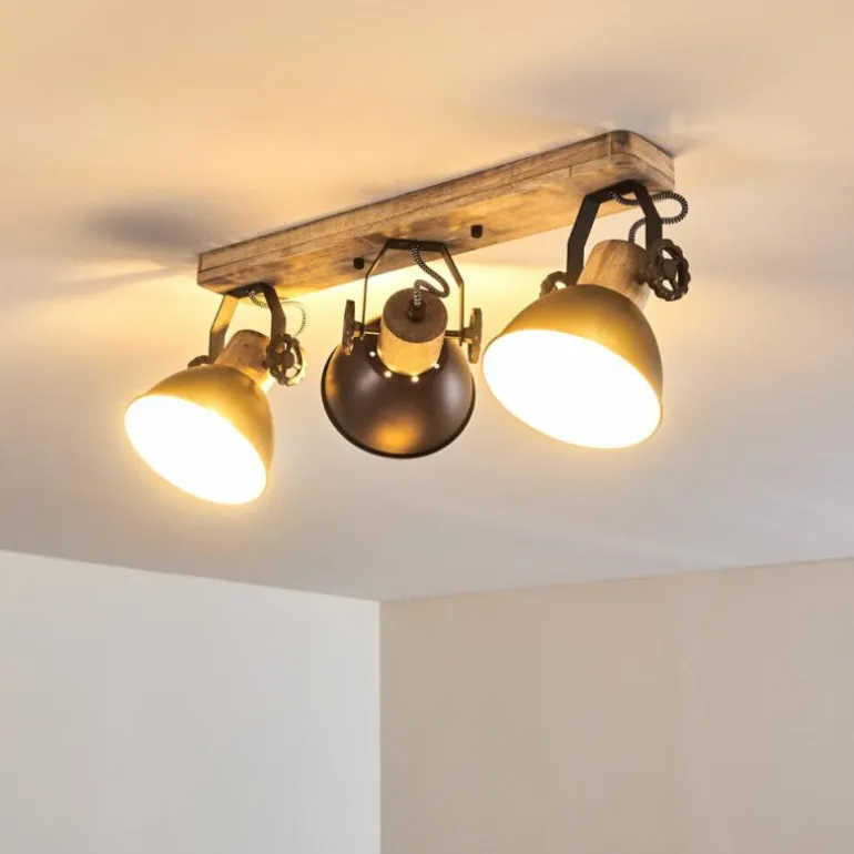 Plafonnier Orny Anthracite, Bois clair, 3 lumières