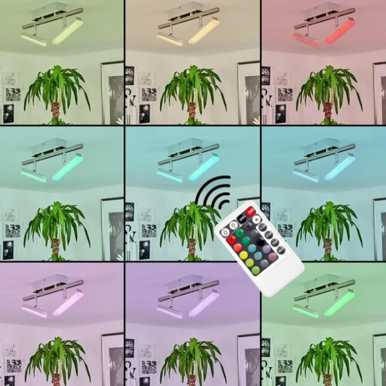 Plafonnier Vehkala LED Chrome, Nickel mat, 2 lumières, Télécommandes, Changeur de couleurs