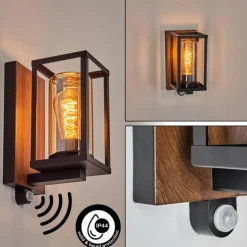 Portalis Lampe murale d´extérieur Brun, Couleur bois, Noir, 1 lumière, Détecteur de mouvement