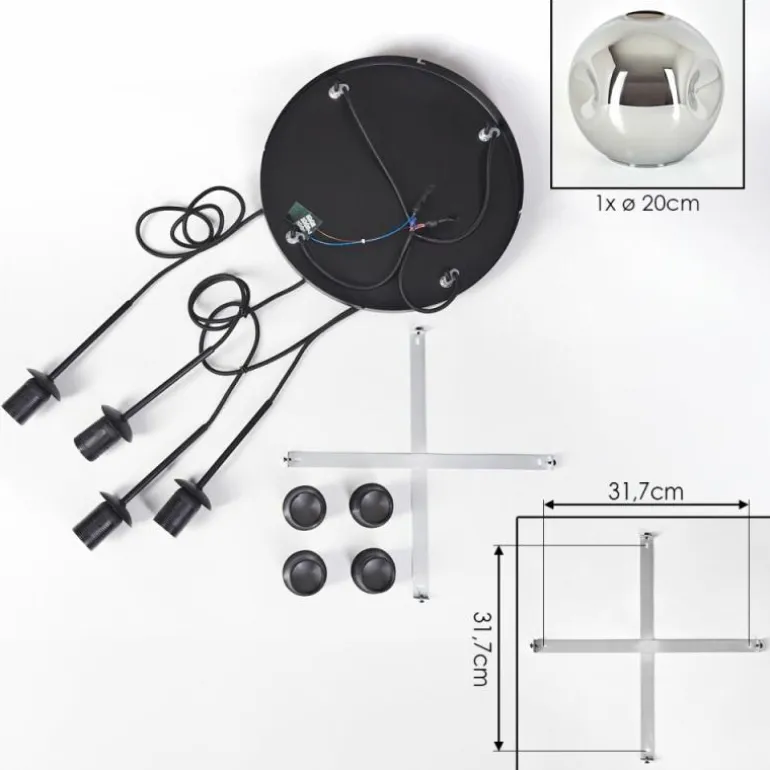 Ripoll Suspension, Boule lumineuse, Suspension Chrome, Fumé, 4 lumières