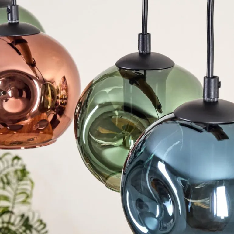 Ripoll Suspension, Boule lumineuse, Suspension Bleu, Vert, Cuivré, 5 lumières