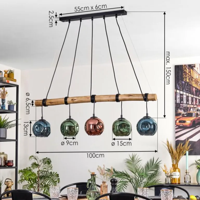 Ripoll Suspension, Boule lumineuse, Suspension Bleu, Vert, Cuivré, 5 lumières