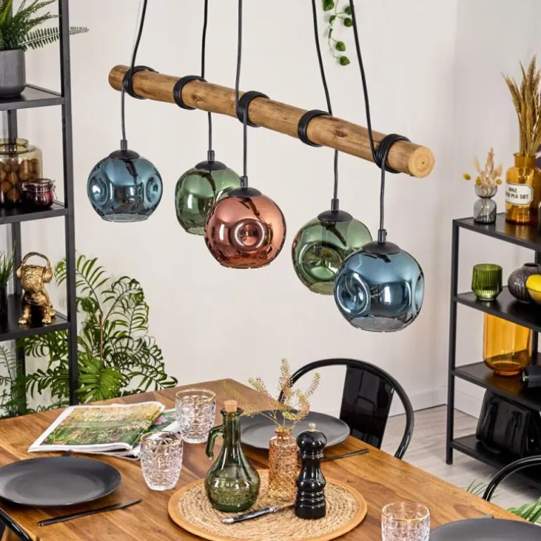 Ripoll Suspension, Boule lumineuse, Suspension Bleu, Vert, Cuivré, 5 lumières