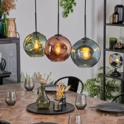 Ripoll Suspension, Boule lumineuse, Suspension Bleu, Vert, Cuivré, 3 lumières