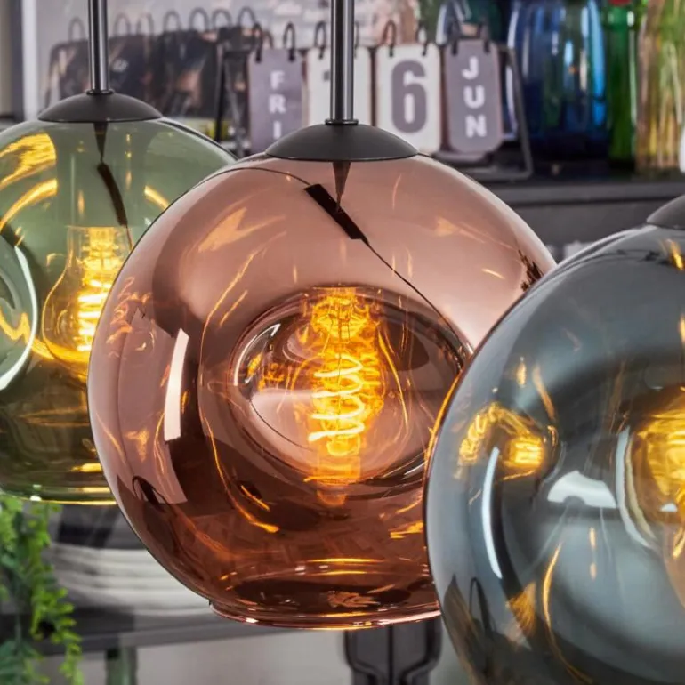 Ripoll Suspension, Boule lumineuse, Suspension Bleu, Vert, Cuivré, 3 lumières