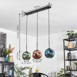 Ripoll Suspension, Boule lumineuse, Suspension Bleu, Vert, Cuivré, 3 lumières