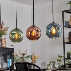 Ripoll Suspension, Boule lumineuse, Suspension Bleu, Vert, Cuivré, 3 lumières