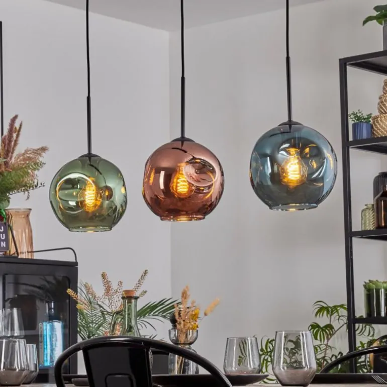 Ripoll Suspension, Boule lumineuse, Suspension Bleu, Vert, Cuivré, 3 lumières