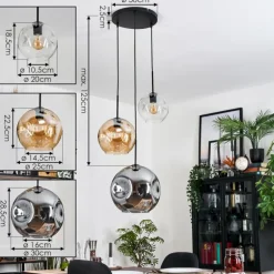 Ripoll Suspension, Boule lumineuse, Suspension, Suspension grappe Ambre, Clair, Fumé, 3 lumières