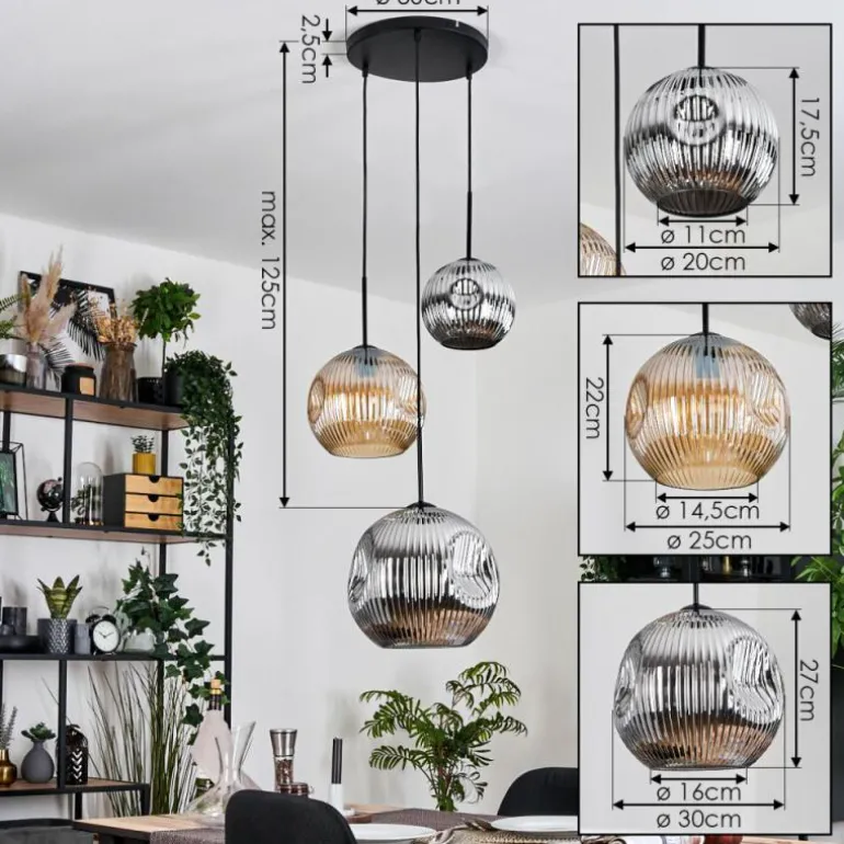 Ripoll Suspension, Boule lumineuse, Suspension, Suspension grappe Ambre, Chrome, Fumé, 3 lumières