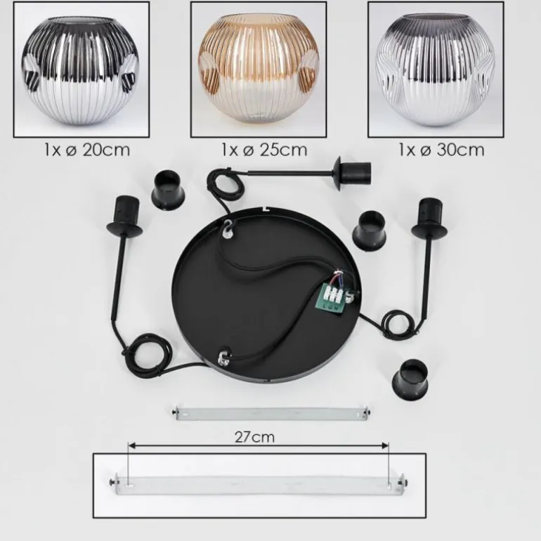 Ripoll Suspension, Boule lumineuse, Suspension, Suspension grappe Ambre, Chrome, Fumé, 3 lumières