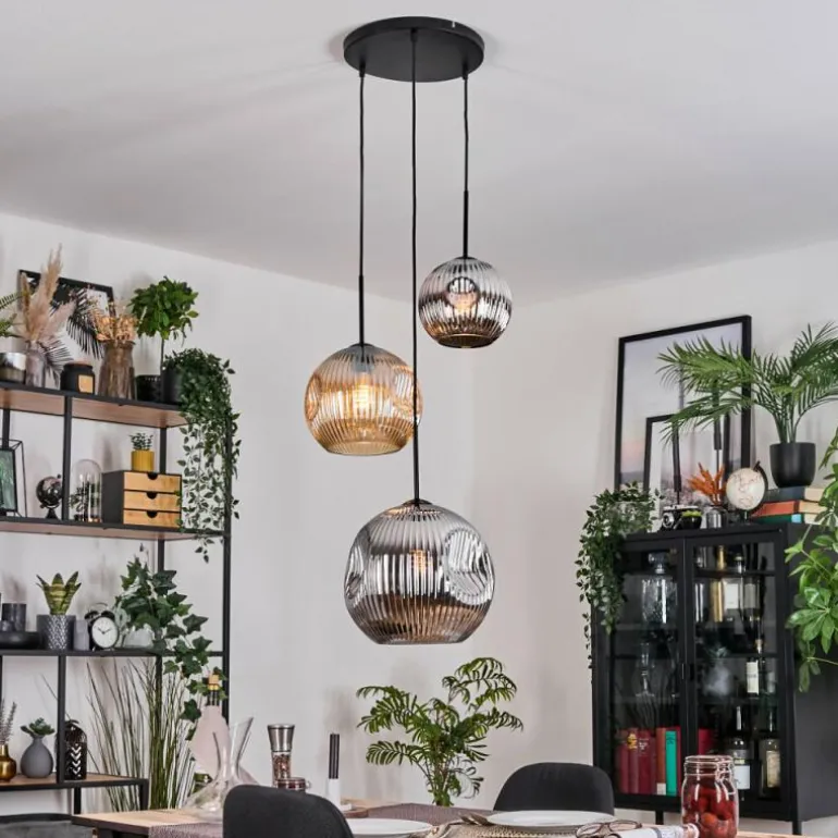 Ripoll Suspension, Boule lumineuse, Suspension, Suspension grappe Ambre, Chrome, Fumé, 3 lumières