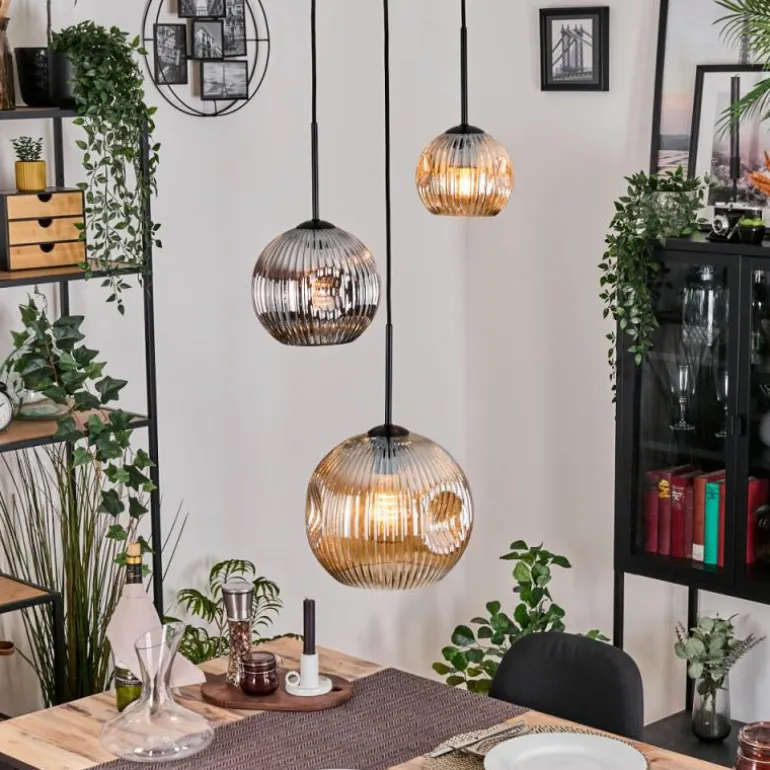 Ripoll Suspension, Boule lumineuse, Suspension, Suspension grappe Ambre, Chrome, Fumé, 3 lumières