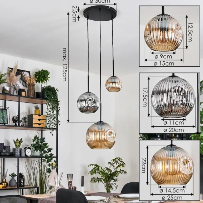Ripoll Suspension, Boule lumineuse, Suspension, Suspension grappe Ambre, Chrome, Fumé, 3 lumières