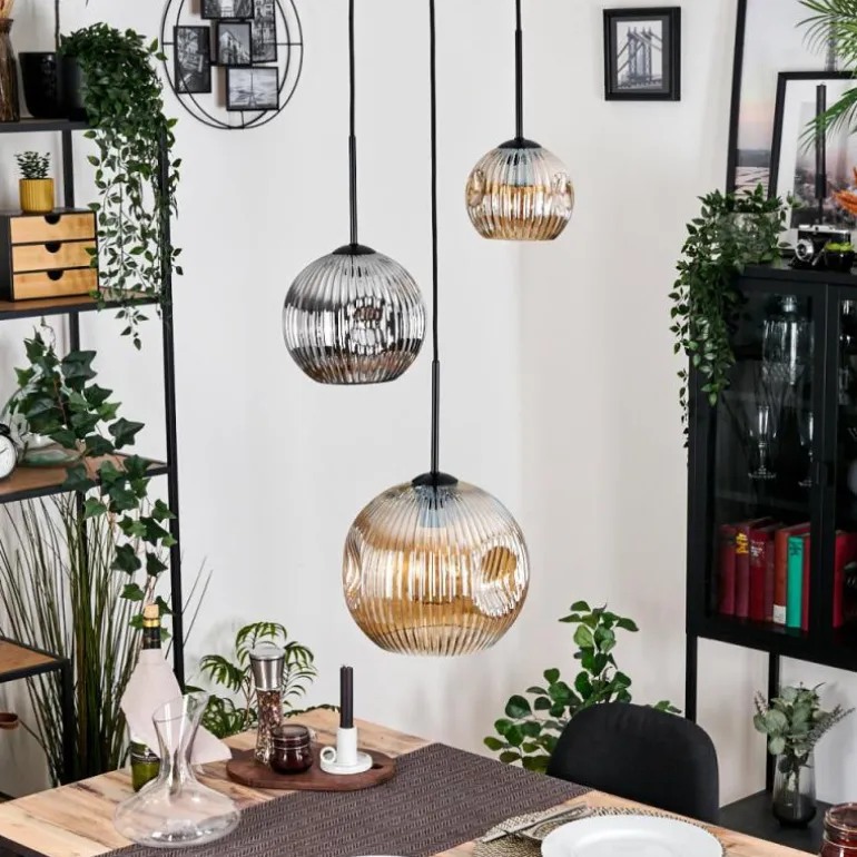Ripoll Suspension, Boule lumineuse, Suspension, Suspension grappe Ambre, Chrome, Fumé, 3 lumières