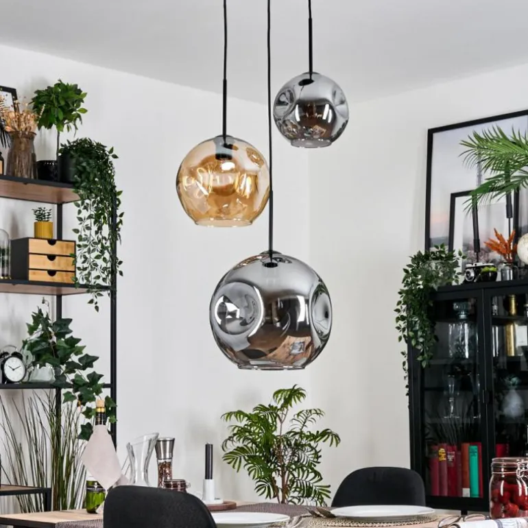 Ripoll Suspension, Boule lumineuse, Suspension, Suspension grappe Ambre, Fumé, 3 lumières