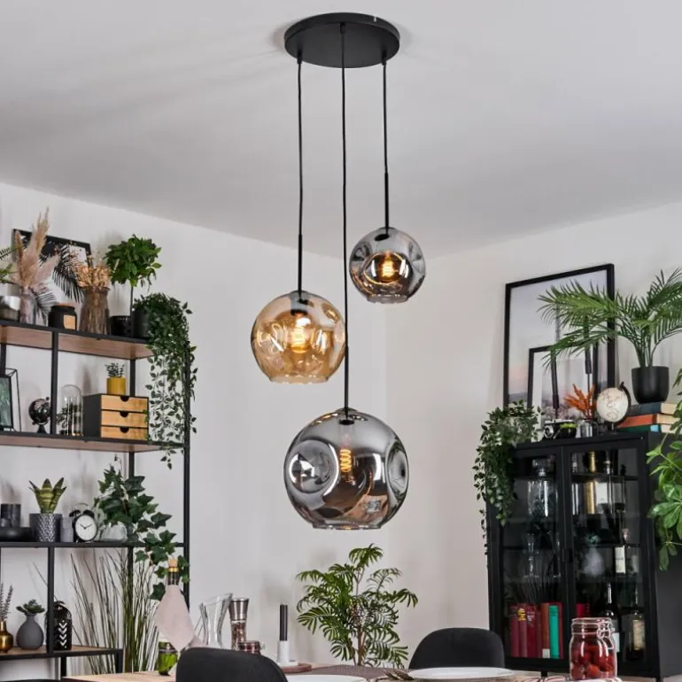 Ripoll Suspension, Boule lumineuse, Suspension, Suspension grappe Ambre, Fumé, 3 lumières