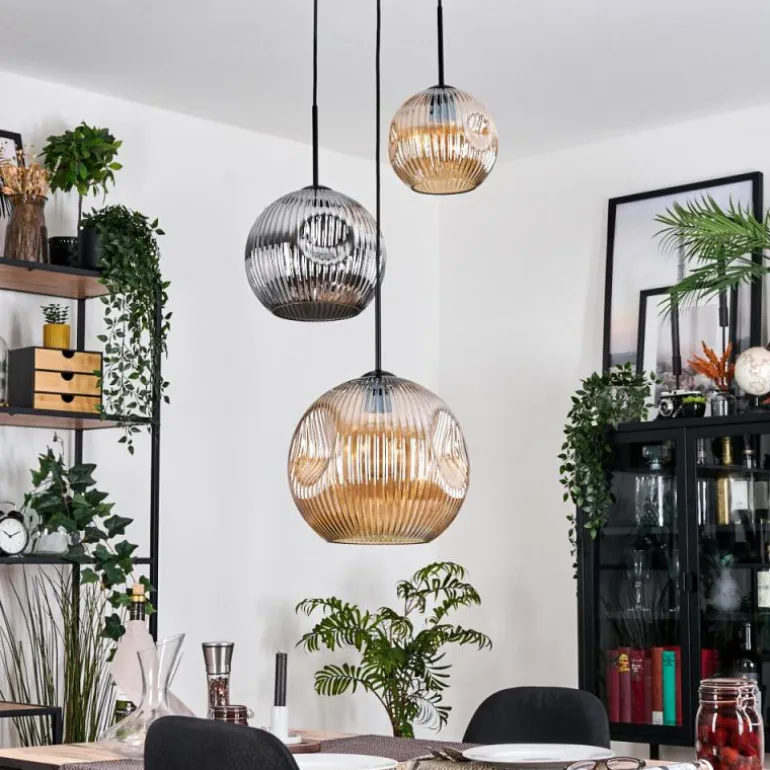 Ripoll Suspension, Boule lumineuse, Suspension, Suspension grappe Ambre, Chrome, Fumé, 3 lumières