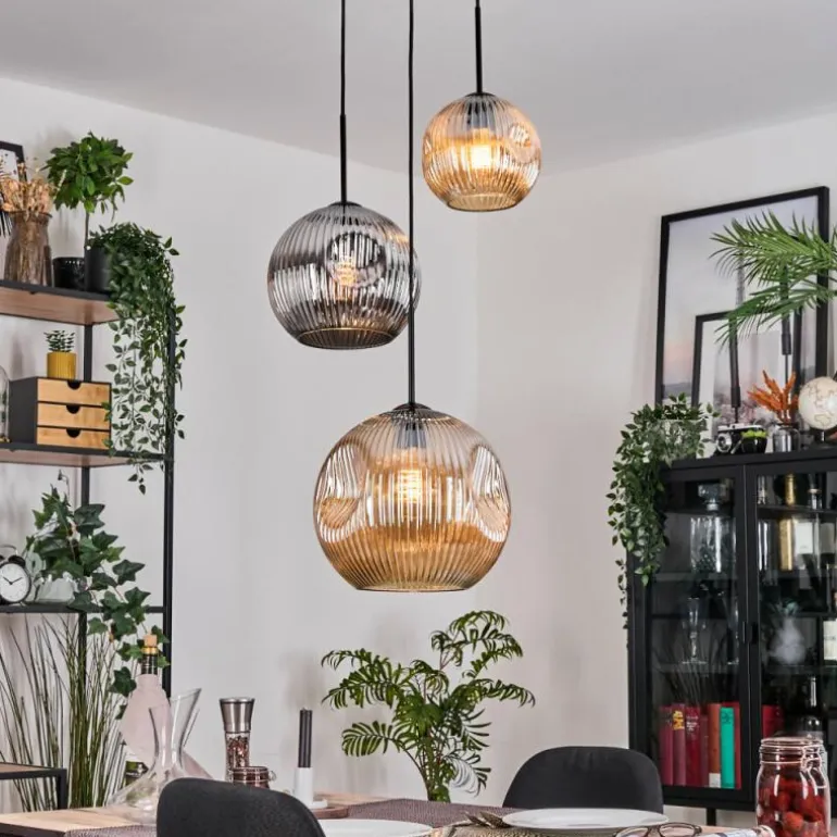 Ripoll Suspension, Boule lumineuse, Suspension, Suspension grappe Ambre, Chrome, Fumé, 3 lumières