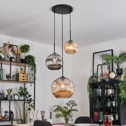 Ripoll Suspension, Boule lumineuse, Suspension, Suspension grappe Ambre, Chrome, Fumé, 3 lumières