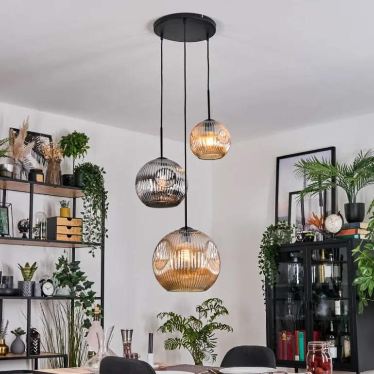 Ripoll Suspension, Boule lumineuse, Suspension, Suspension grappe Ambre, Chrome, Fumé, 3 lumières