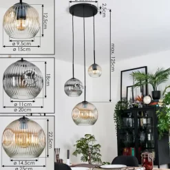 Ripoll Suspension, Boule lumineuse, Suspension grappe Ambre, Clair, Fumé, 3 lumières