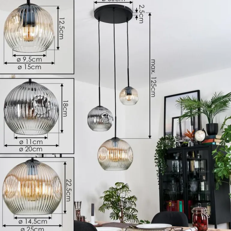 Ripoll Suspension, Boule lumineuse, Suspension grappe Ambre, Clair, Fumé, 3 lumières