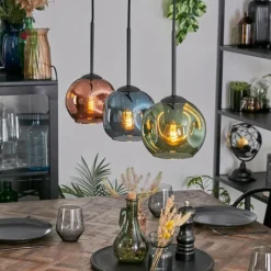 Ripoll Suspension, Boule lumineuse, Suspension Bleu, Vert, Cuivré, 3 lumières