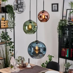 Ripoll Suspension, Boule lumineuse, Suspension grappe Bleu, Vert, Cuivré, 3 lumières