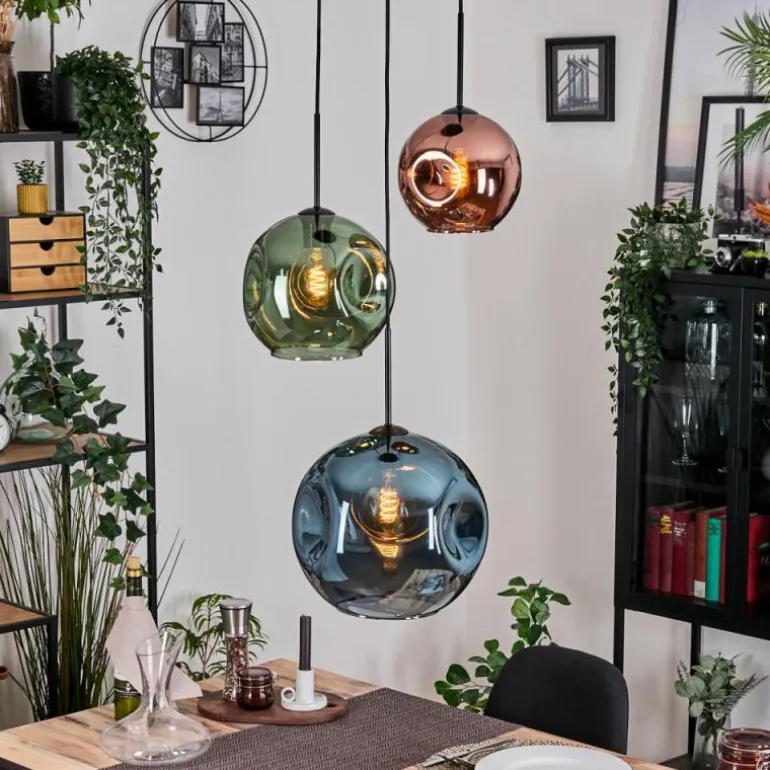 Ripoll Suspension, Boule lumineuse, Suspension grappe Bleu, Vert, Cuivré, 3 lumières