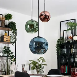Ripoll Suspension, Boule lumineuse, Suspension grappe Bleu, Vert, Cuivré, 3 lumières