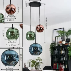 Ripoll Suspension, Boule lumineuse, Suspension grappe Bleu, Vert, Cuivré, 3 lumières