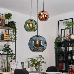 Ripoll Suspension, Boule lumineuse, Suspension grappe Bleu, Vert, Cuivré, 3 lumières