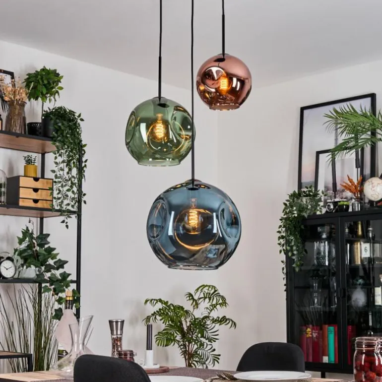 Ripoll Suspension, Boule lumineuse, Suspension grappe Bleu, Vert, Cuivré, 3 lumières