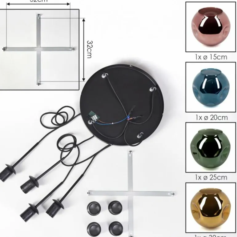 Ripoll Suspension, Boule lumineuse, Suspension grappe Bleu, Or, Vert, Cuivré, 4 lumières