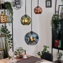 Ripoll Suspension, Boule lumineuse, Suspension grappe Bleu, Vert, Cuivré, 3 lumières