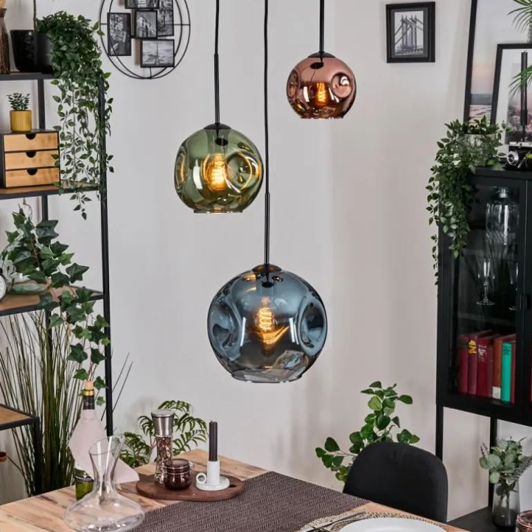 Ripoll Suspension, Boule lumineuse, Suspension grappe Bleu, Vert, Cuivré, 3 lumières