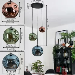 Ripoll Suspension, Boule lumineuse, Suspension grappe Bleu, Vert, Cuivré, 3 lumières