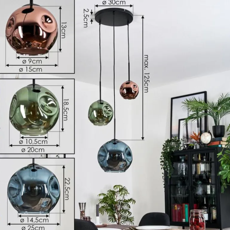 Ripoll Suspension, Boule lumineuse, Suspension grappe Bleu, Vert, Cuivré, 3 lumières