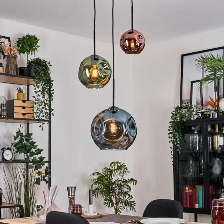 Ripoll Suspension, Boule lumineuse, Suspension grappe Bleu, Vert, Cuivré, 3 lumières