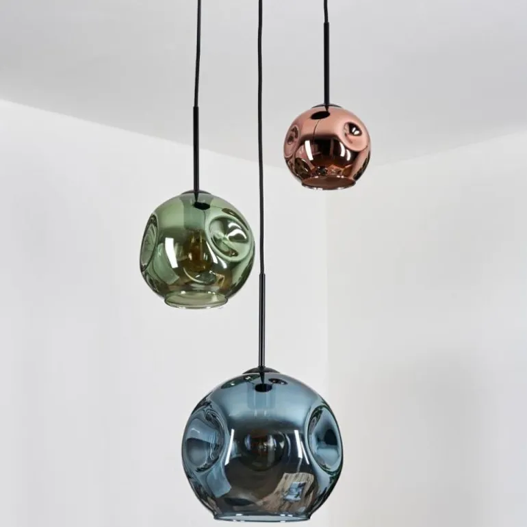 Ripoll Suspension, Boule lumineuse, Suspension grappe Bleu, Vert, Cuivré, 3 lumières