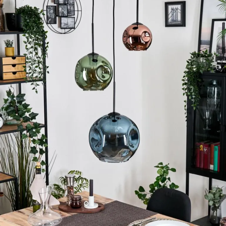 Ripoll Suspension, Boule lumineuse, Suspension grappe Bleu, Vert, Cuivré, 3 lumières