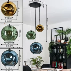 Ripoll Suspension, Boule lumineuse, Suspension grappe Bleu, Or, Vert, 3 lumières