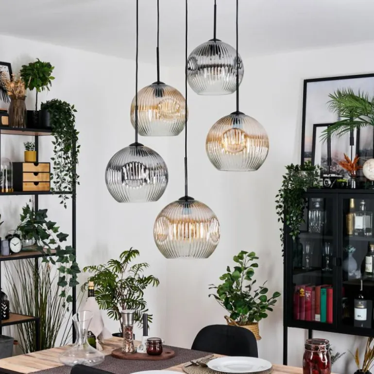 Ripoll Suspension, Boule lumineuse, Suspension grappe Ambre, Clair, Fumé, 5 lumières