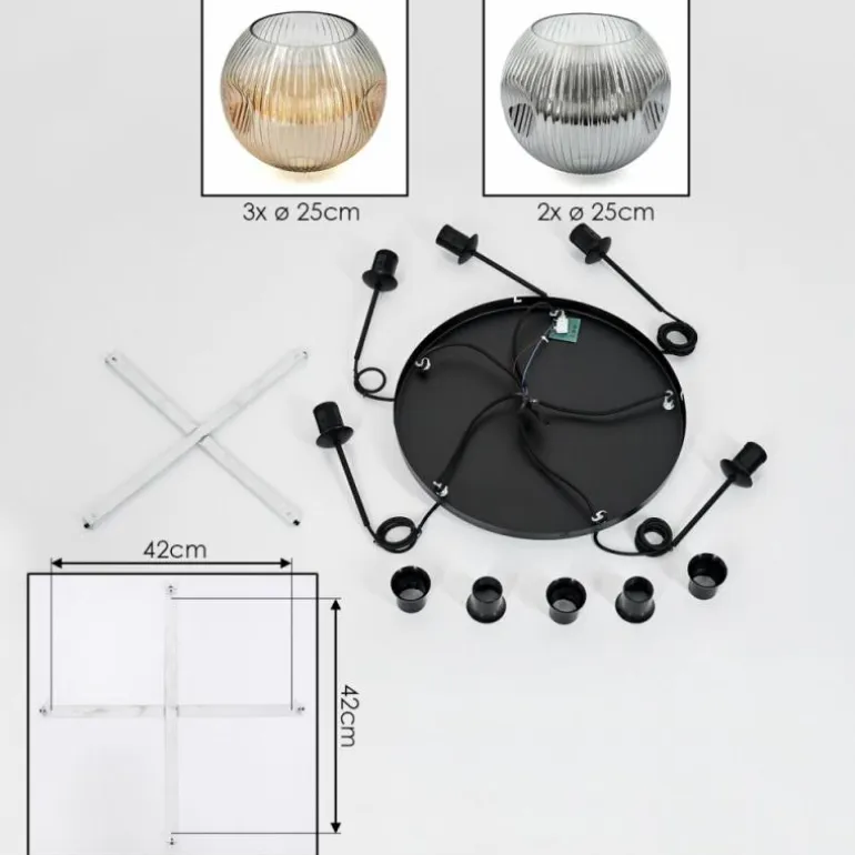 Ripoll Suspension, Boule lumineuse, Suspension grappe Ambre, Clair, Fumé, 5 lumières