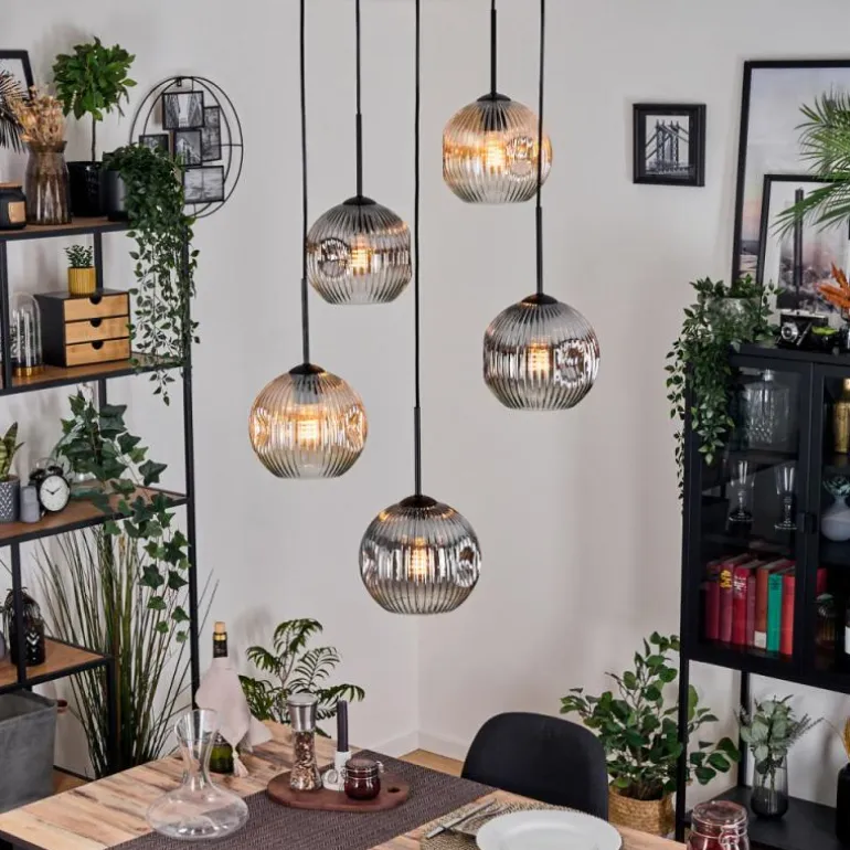 Ripoll Suspension, Boule lumineuse, Suspension grappe Ambre, Clair, Fumé, 5 lumières