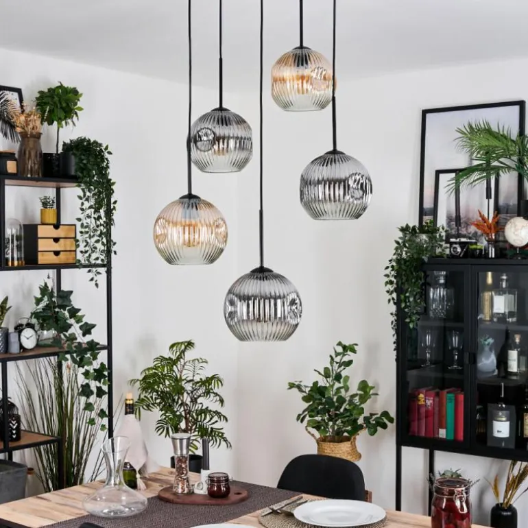 Ripoll Suspension, Boule lumineuse, Suspension grappe Ambre, Clair, Fumé, 5 lumières