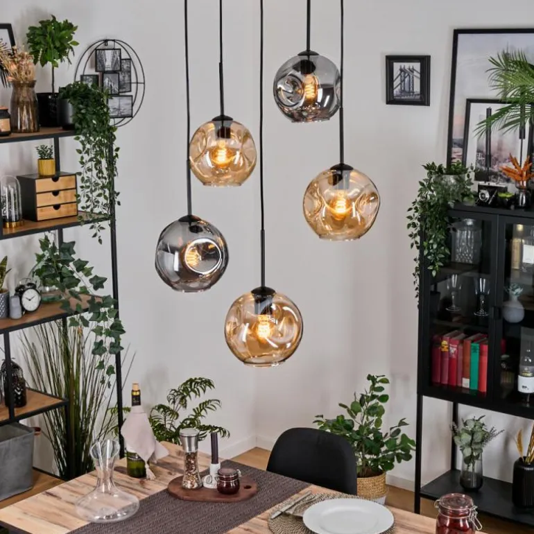 Ripoll Suspension, Boule lumineuse, Suspension grappe Ambre, Fumé, 5 lumières